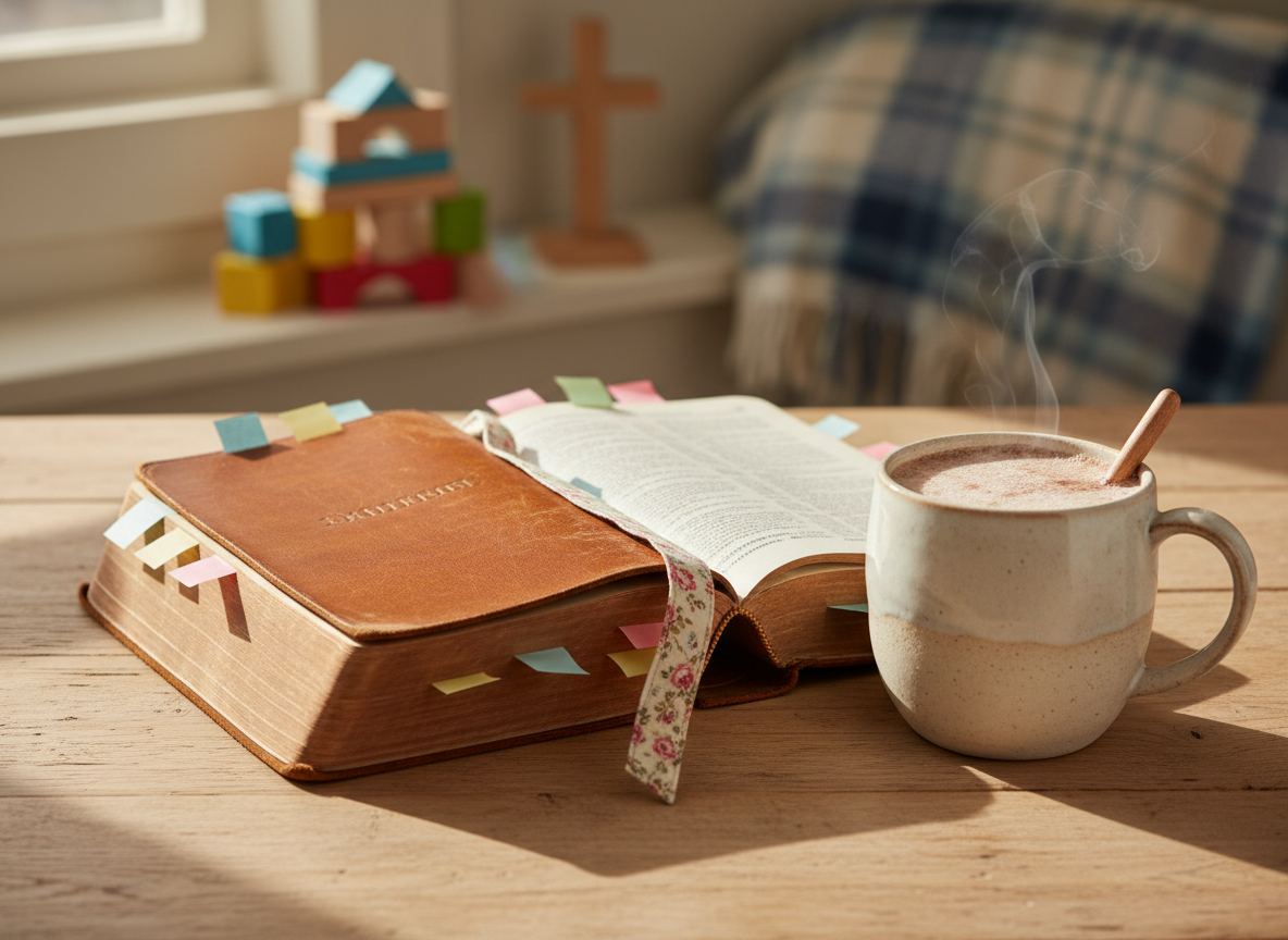 A well-worn, caramel-brown leather Bible lying open on a pale oak farmhouse table, delicate pastel sticky notes peeking from its edges and a floral bookmark resting between the pages. Beside it sits a handmade ceramic mug filled with frothy hot cocoa, a faint swirl of steam rising. In the background, out of focus, are toy blocks, a softly colored plaid blanket, and a small wooden cross on a shelf. Golden morning sunlight streams through a nearby window, casting gentle highlights across the tabletop and soft shadows from the pages. Photographic realism, eye-level composition with shallow depth of field, creating a warm, playful, faith-filled atmosphere that feels both peaceful and slightly messy in a charming way.